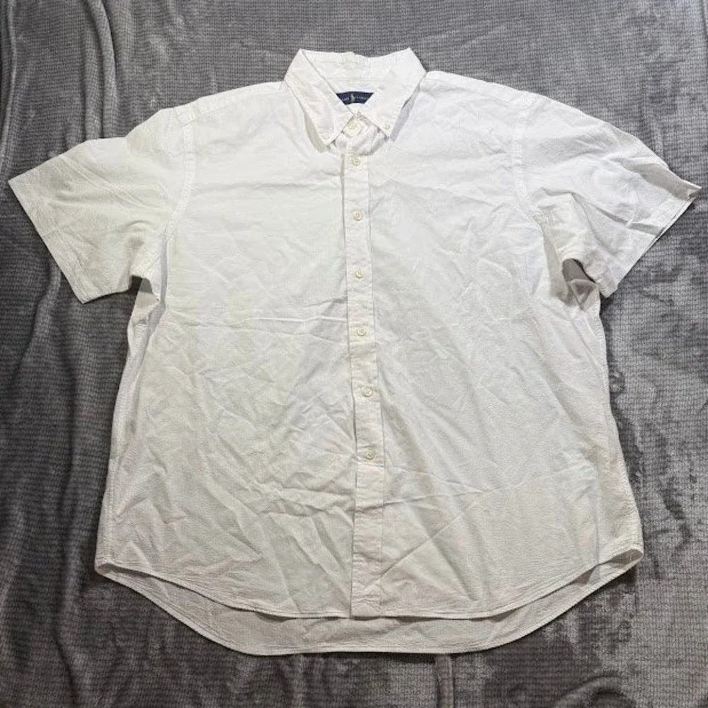 Ralph Lauren Mens XXL White Seersucker Short Sleeve Button Down Shirt Pony Logo
